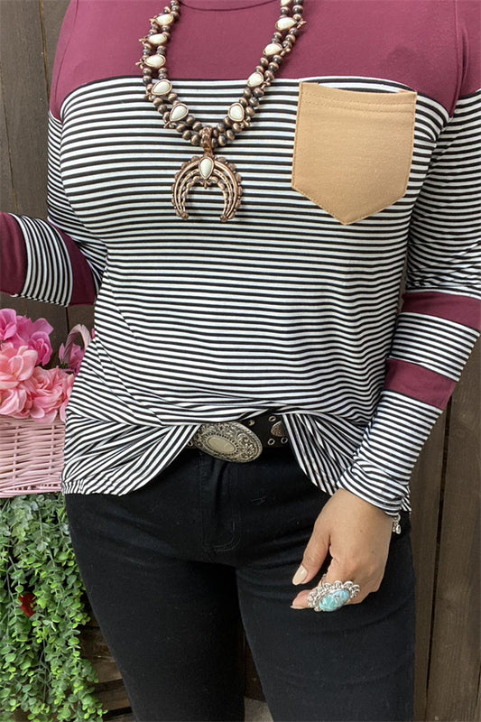 BQ11914 Red/white stripe printed block burgundy color long sleeve women top