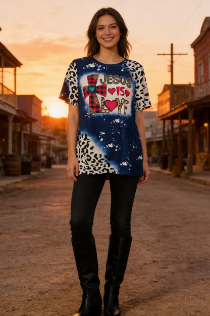 XCH14573 JESUS IS LOVE Plaid & leopard printed cross t-shirt