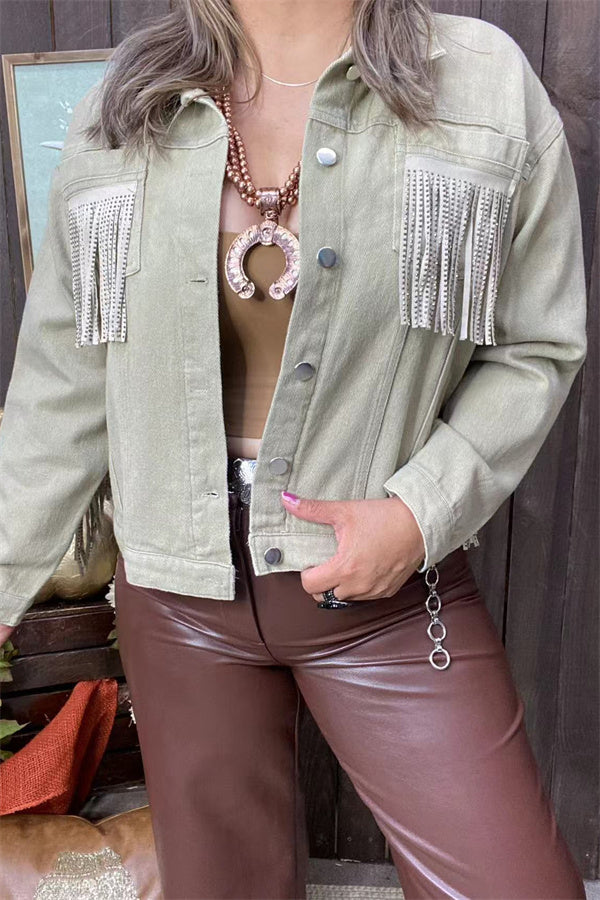 DLH13754 Women loose button up rhinestone fringe jacket/coat denim tassel