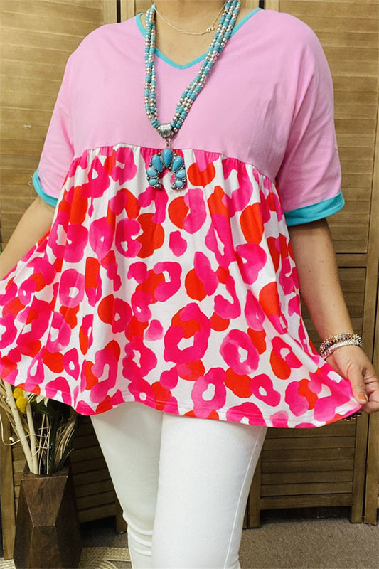 XCH14773 Pink & Circle printed color block short sleeve women tops