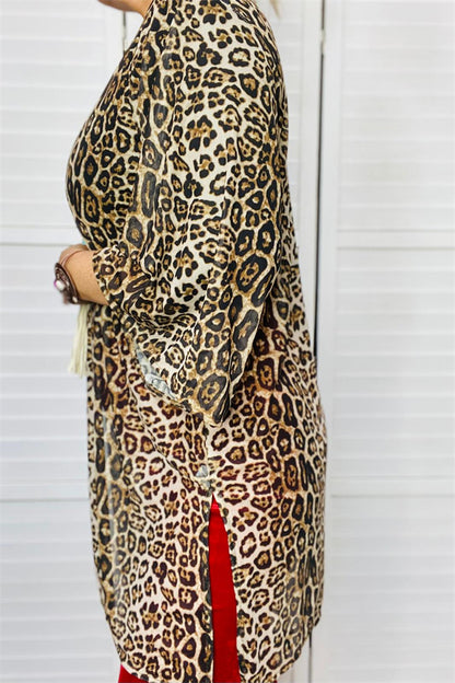 FW13037 Leopard printed long sleeves slit side women cardigan