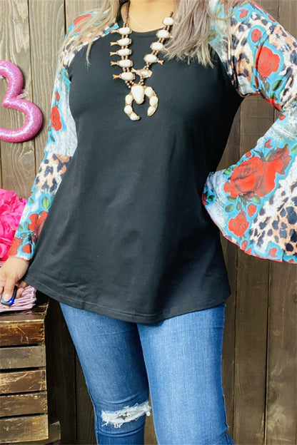 GJQ15193 Floral&Leopard multi color printed &raglan long bell sleeve women tops