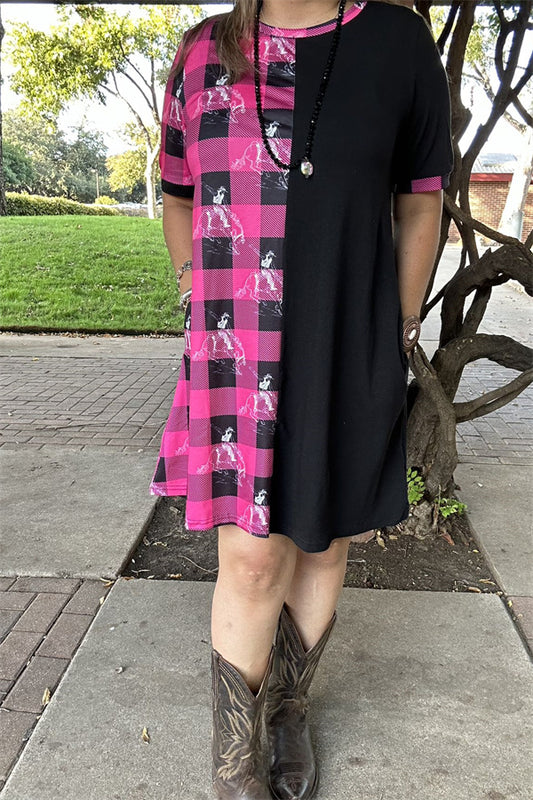 XCH14543 Half pink plaid & Cowboy horse rider black short sleeve dress IS10