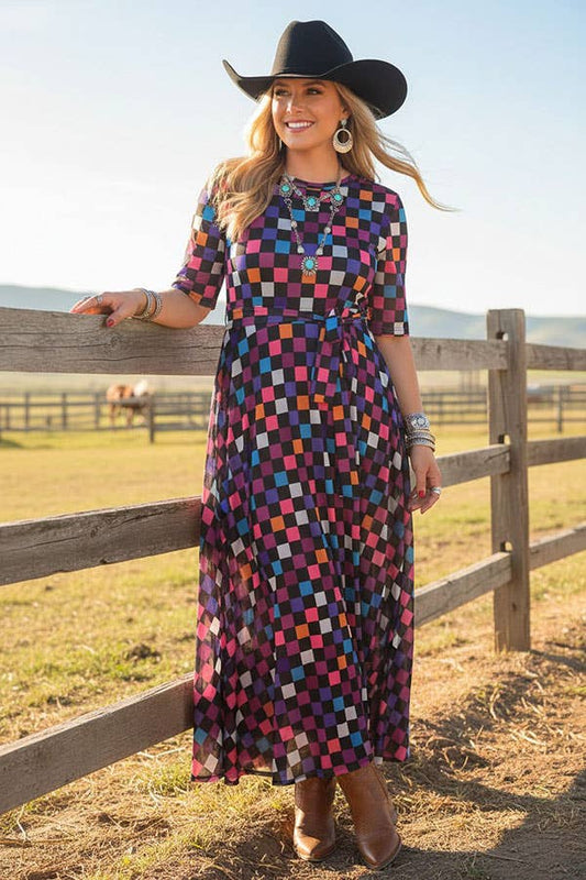 Western multi color checkered sheer maxi women boutique dress Southern Stitch HQ17577