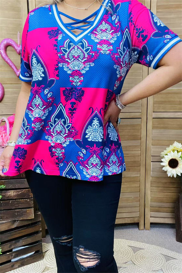 XCH15899 Blue&Fuchsia graphic multi color printed short sleeve V-neckline w/cross string women tops