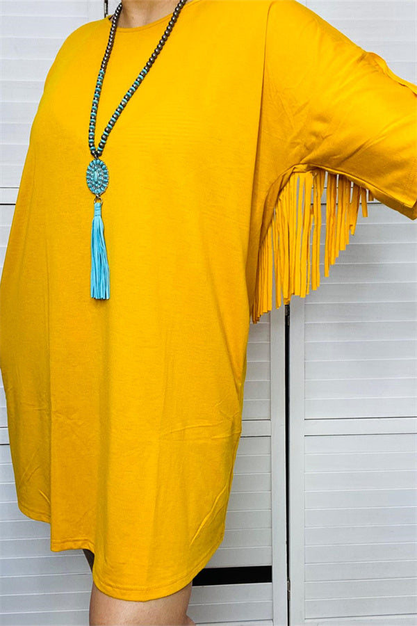 GJQ13217 Mustard yellow short women dress w/back fringe tassel