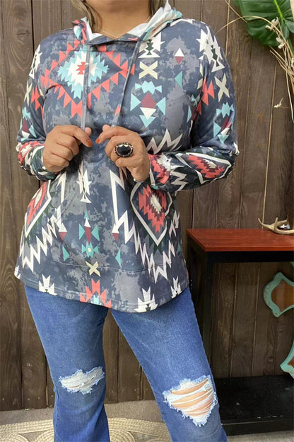 XCH15690 Aztec multi color printed women hoodie/tops w/string&front pockets long sleeve