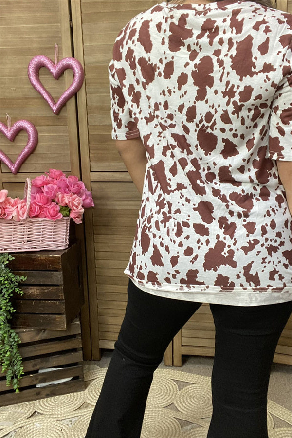 DLH12594 heart&brown leopard printed short sleeve women top