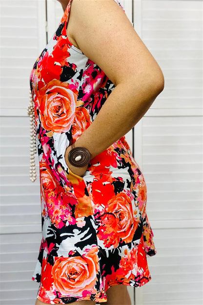 YMY13144 Black&Coral floral multi color printed sleeveless women dresses