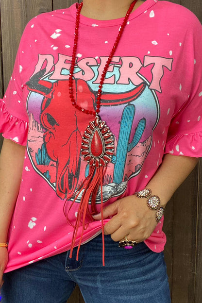 XCH12979 DESERT PINK bull skull printed short sleeve women top