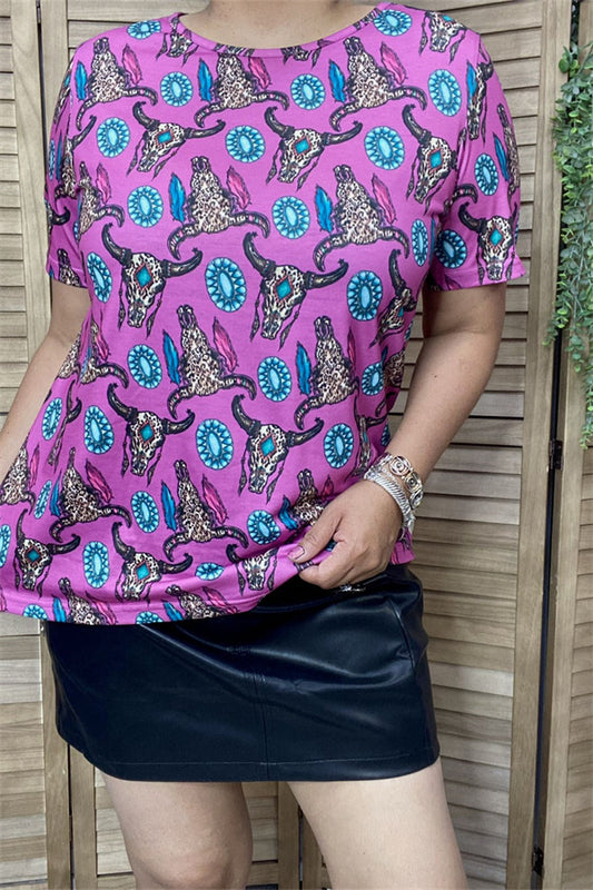 XCH15266 Bull&Diamond multi color printed purple background fabric short sleeve women tops