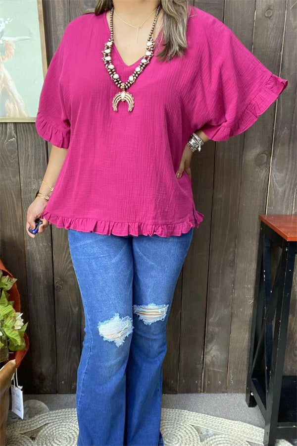 GJQ15661 Plum Bell w/ruffle short sleeve &loose women blouse