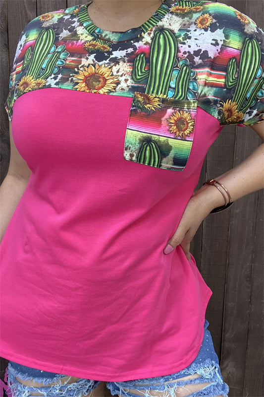 BQ12544 Pink cactus & sunflower multi color & block pink printed short sleeve with front pocket women top