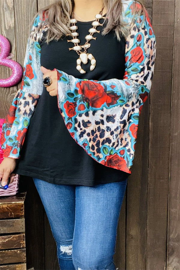 GJQ15193 Floral&Leopard multi color printed &raglan long bell sleeve women tops