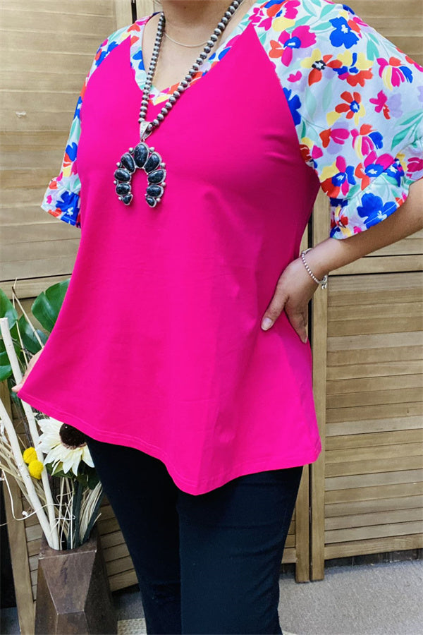 XCH15847 Multi color floral printed short sleeve/ruffle V-neckline women fuchsia tops