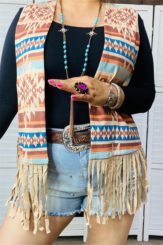 GJQ14610 Aztec multi color printed sleeveless suede fabric women vest w/fringe&tassels