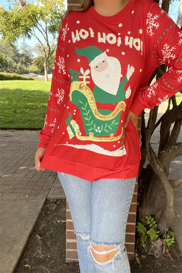 BQ15771 "HO!HO!HO!Claus Santa printed for Christmas holiday long sleeve women red tops