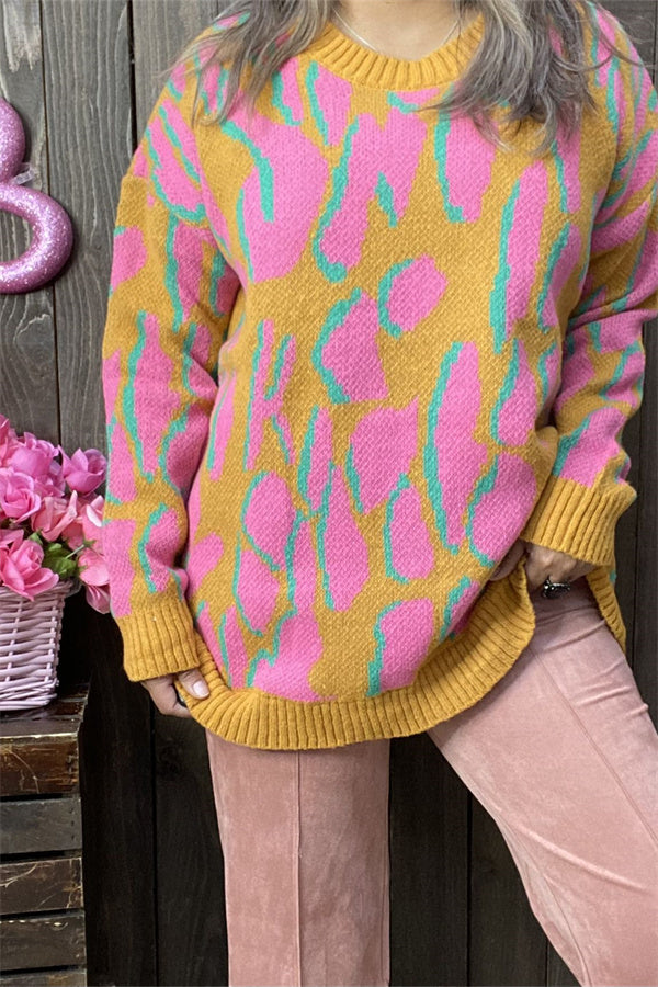 MY13394 Pink/yellow/turquoise leopard print long sleeve sweater