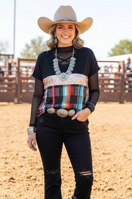 Black & Sequin & Paid color block short sleeve women top FW10214