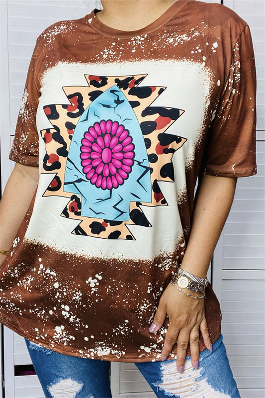 DLH12330-2 Brown leopard & turquoise Aztec printed short sleeve top