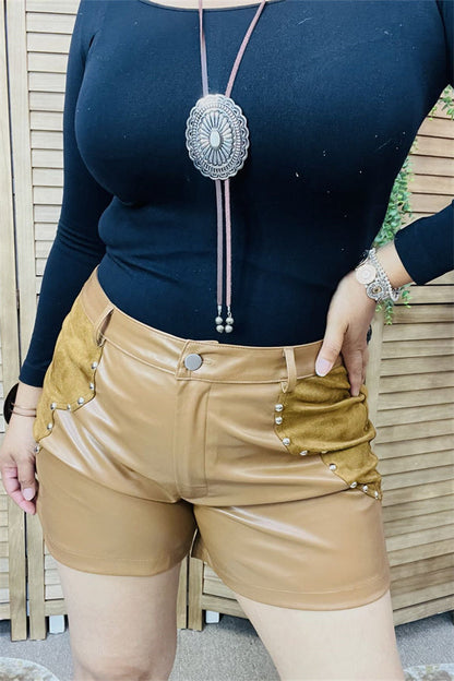 Western Brown leather & suede women's boutique shorts with studs XCH13254