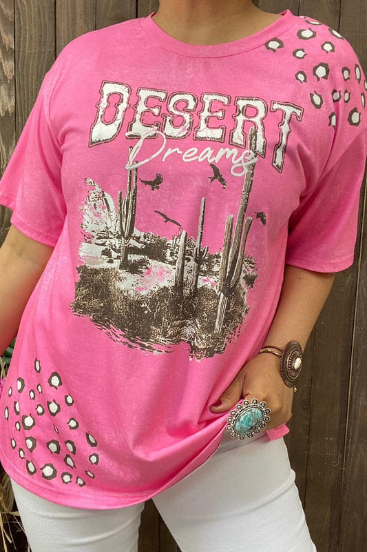 DLH14765 DESERT DREAM Cactus&amp;Leopard printed pink short sleeves women tops