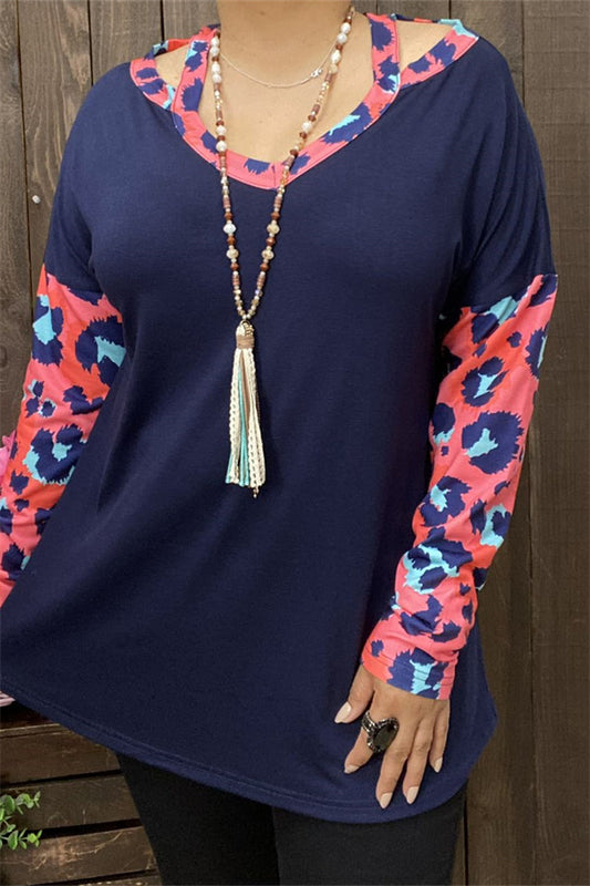 BQ10505 Navy blue cold shoulder top w/leopard printed long sleeves