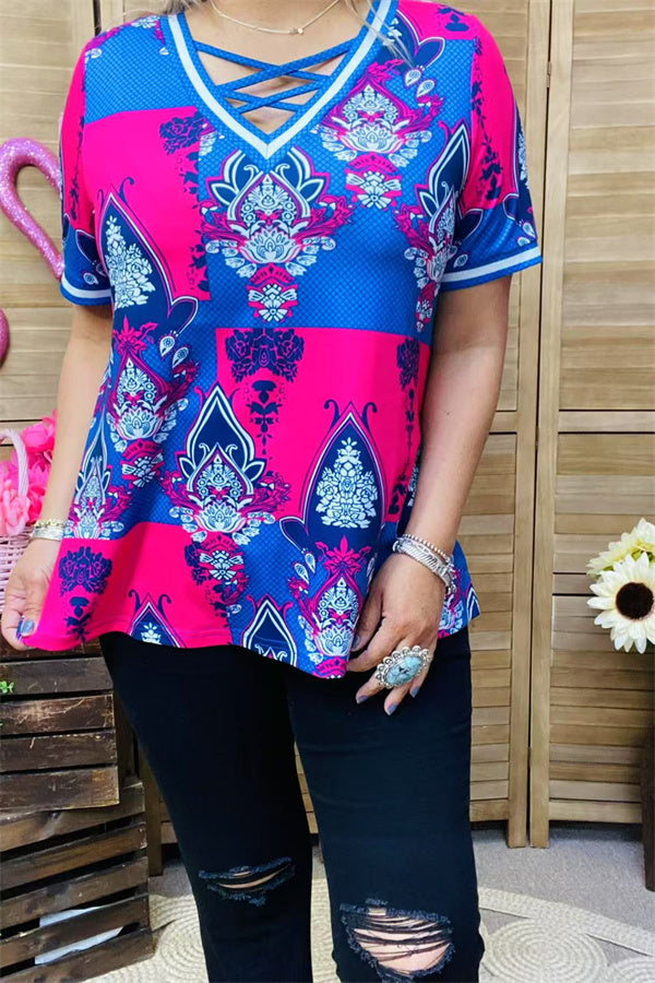 XCH15899 Blue&Fuchsia graphic multi color printed short sleeve V-neckline w/cross string women tops