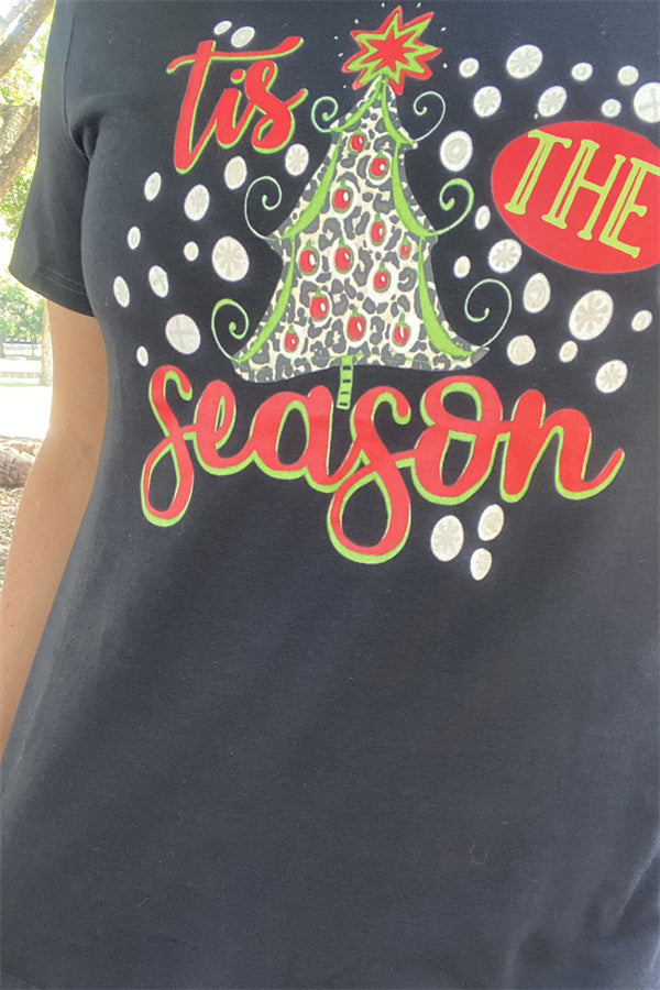 XCH15760 "Tie the season"Christmas tree multi color printed short sleeve black women tops