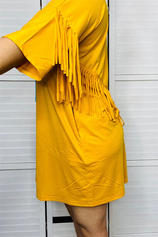 GJQ13217 Mustard yellow short women dress w/back fringe tassel