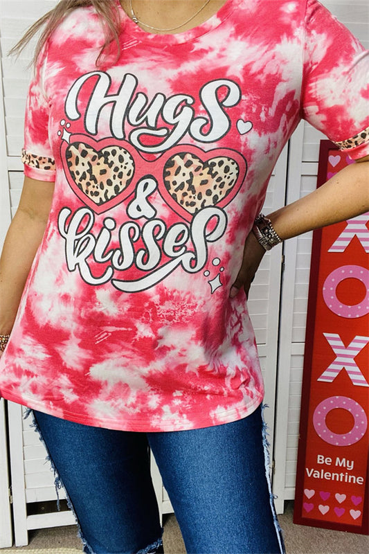 DLH12875 Hugs & Kissed Leopard hearts printed women top with short sleeve