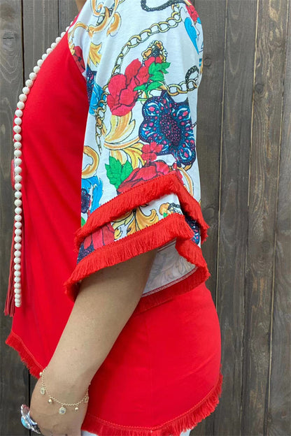 GJQ13583 Paisley multi color printed red body w/tassels raglan 3/4 sleeves women tops
