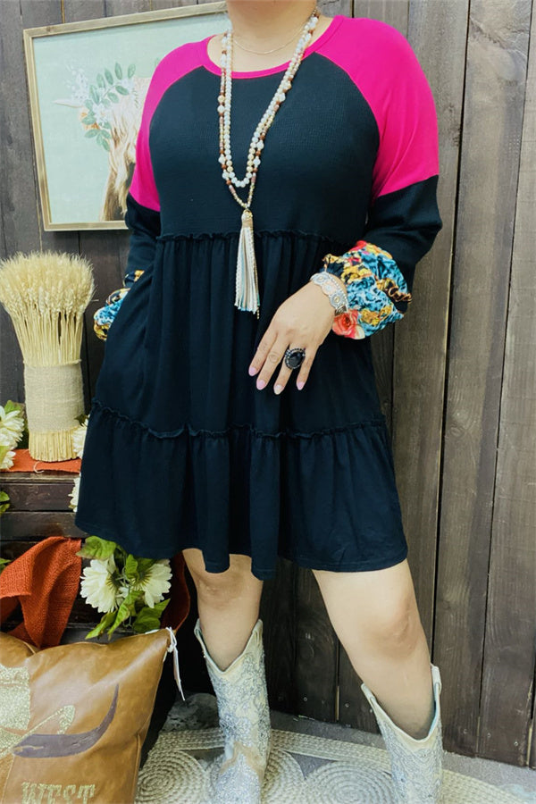 Fuchsia & Black & Western printed raglan long sleeve women dress BQ13811