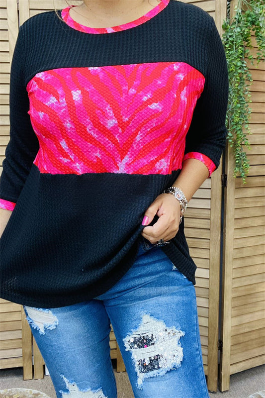 XCH15332 Fuchsia printed black block knitted material 3/4 sleeve loose women blouse