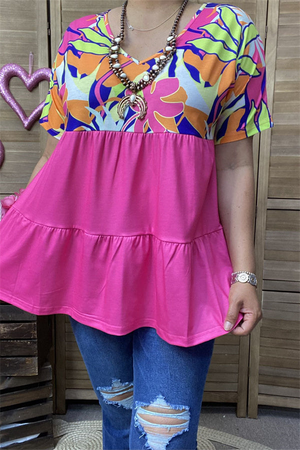 XCH15855 Ginger multi color plants printed block solid fuchsia bottom short sleeve baby-doll women tops