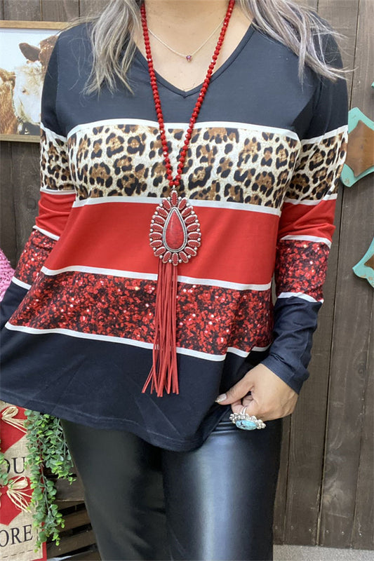 XCH15473 Leopard&block black/red printed long sleeve women tops