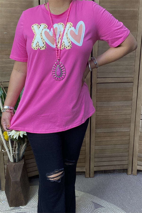 DLH10438 "XX" leopard&heart printed short sleeve pink women tops