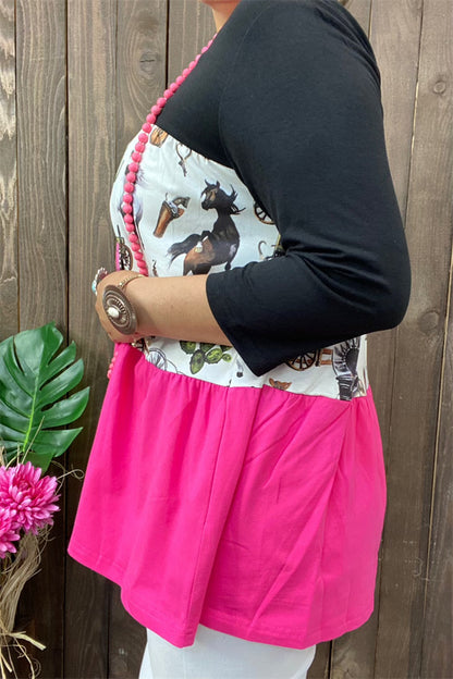 Western prints & black & fuchsia patchwork women's boutique top XCH14831