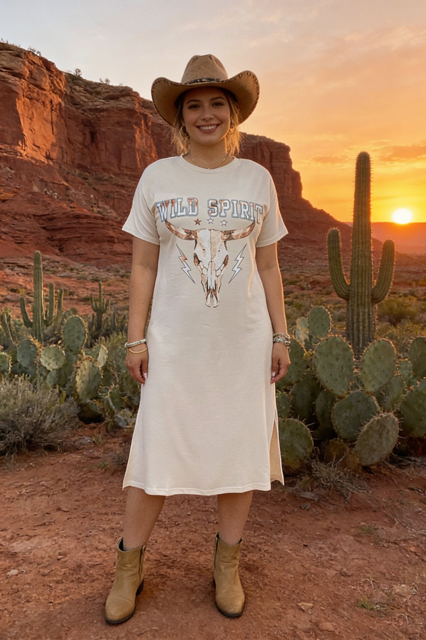 XCH13184  Bull " WILD SPIRIT"printed beige background fabric side slits short sleeve women long dress