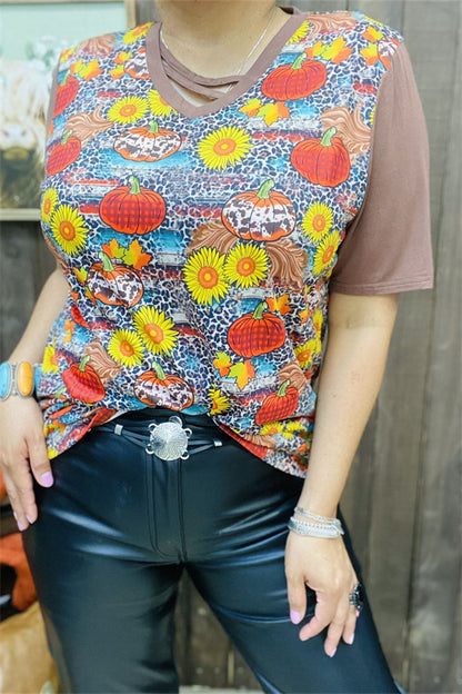 DLH11308 Leopard sunflower&pumpkin multi color printed short sleeve top w/double line V-neckline HS2