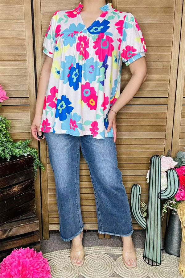 Floral multi color printed short sleeve & v-neckline women blouse XCH15792