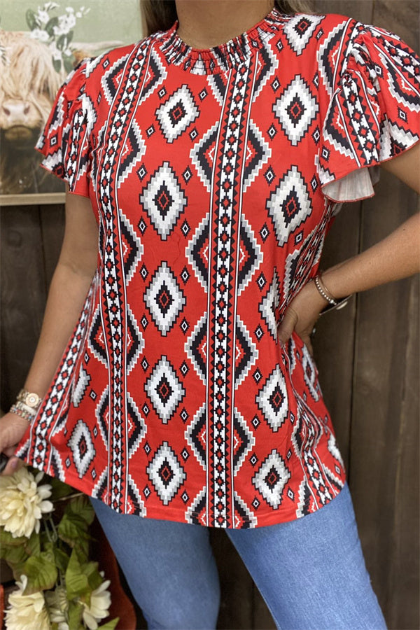 GJQ15634 Aztec multi color printed ruffle short sleeve women tops