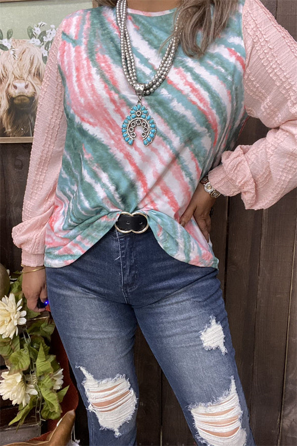 BQ14103 Tie-dye printed w/light pink solid color long sleeve women tops