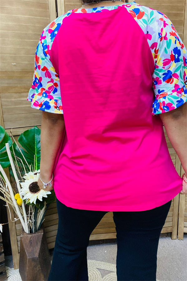 XCH15847 Multi color floral printed short sleeve/ruffle V-neckline women fuchsia tops