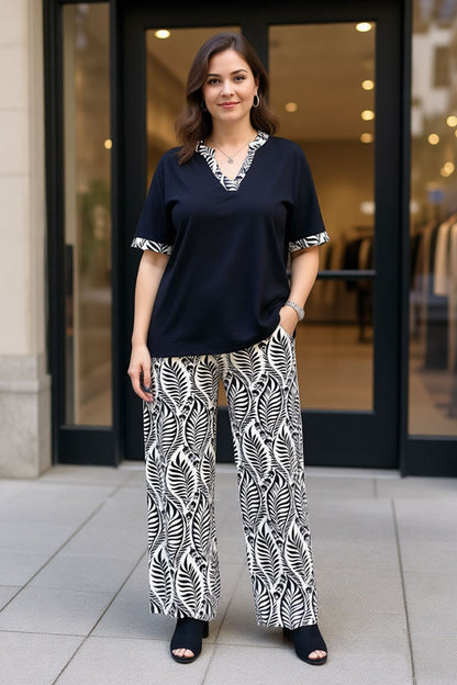 Black short sleeve top & wide leg pant 2pc women set GJQ16908