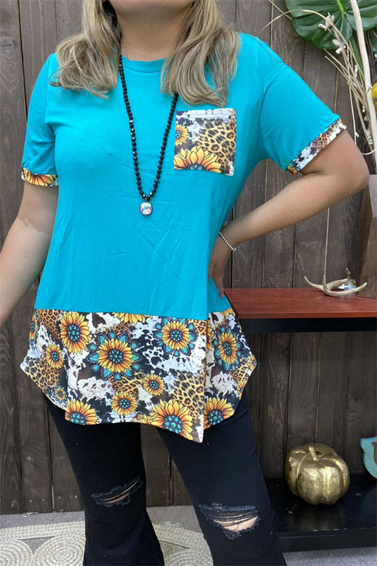 BQ12209 Turquoise &sunflower/animal printed with front pocket short sleeve blouse