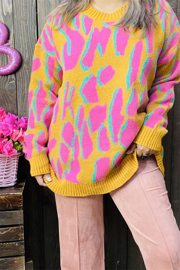 MY13394 Pink/yellow/turquoise leopard print long sleeve sweater