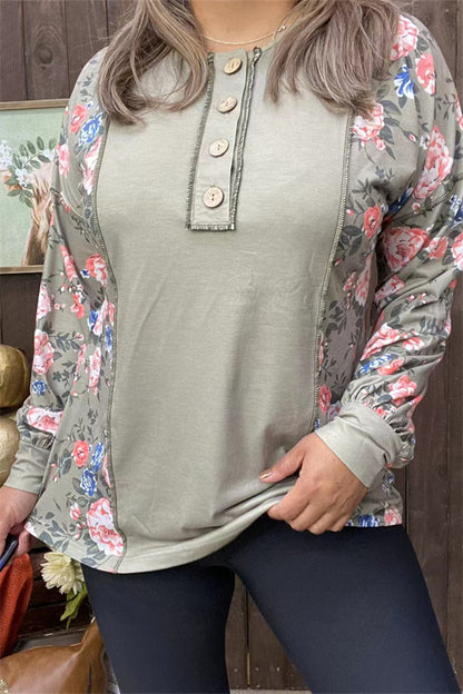 GJQ15317 Floral multi color printed w/button long sleeve outside sewing design women tops