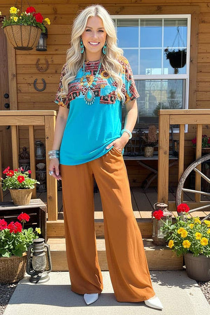 Sunflower & Aztec multi color printed Turquoise short sleeves women tops XCH12481