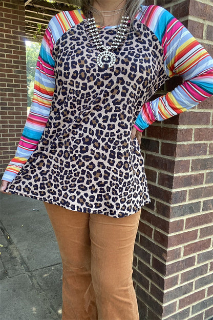 YMY9824 Leopard printed top w/serape multi color sleeves